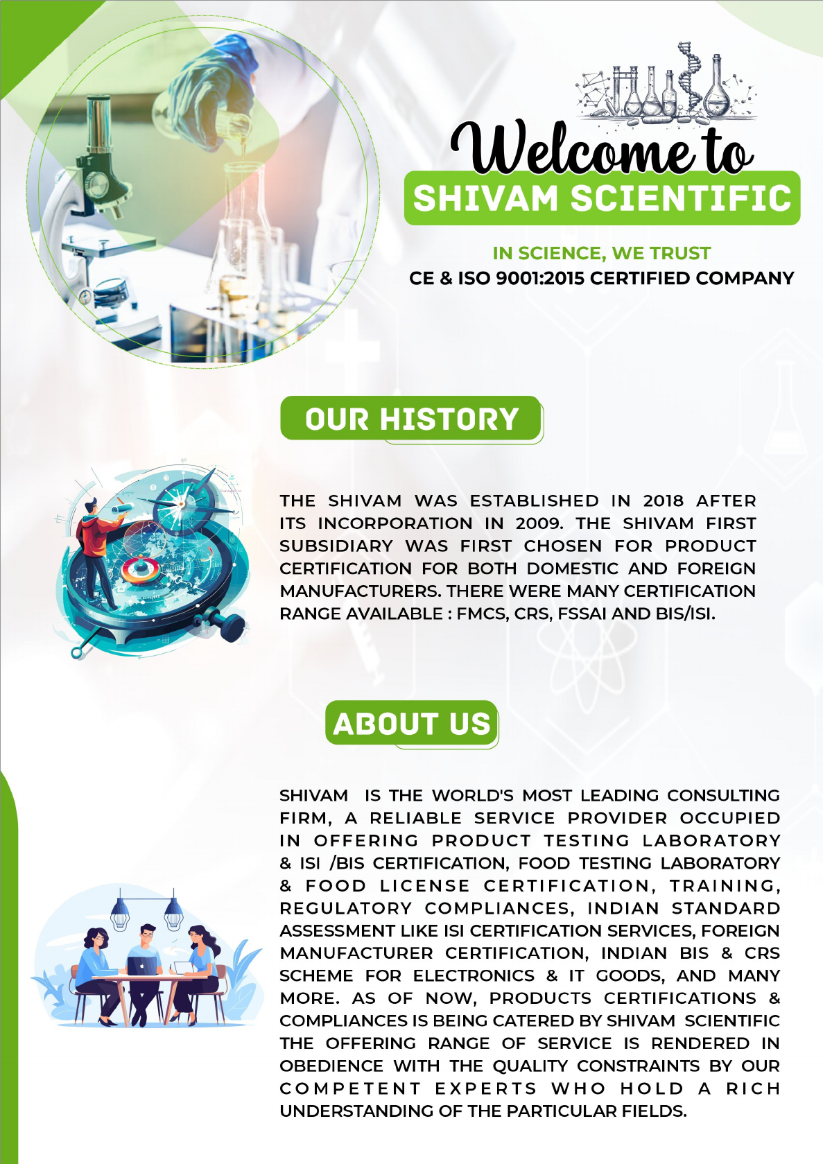 Shivam Scientific welcome, history and about brochure page